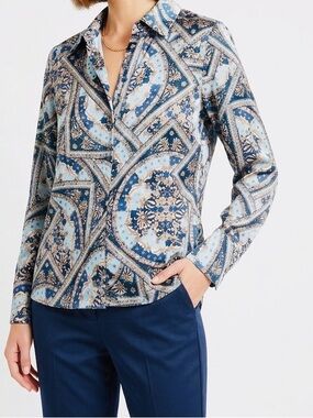 BOSTON PROPER Silky Turquoise Blue Green Black Paisley Blouse Button Down Shirt